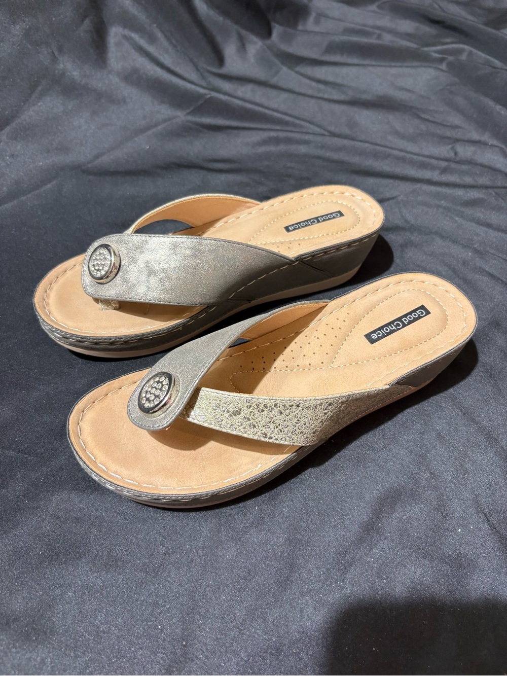 Good Chic Metallic Silver Rhinestone Wedge Thong Sandals